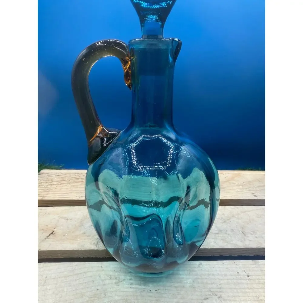 Blenko Style Mid-Century Blue Art Glass Decanter with Amber Handle - 8” Tall